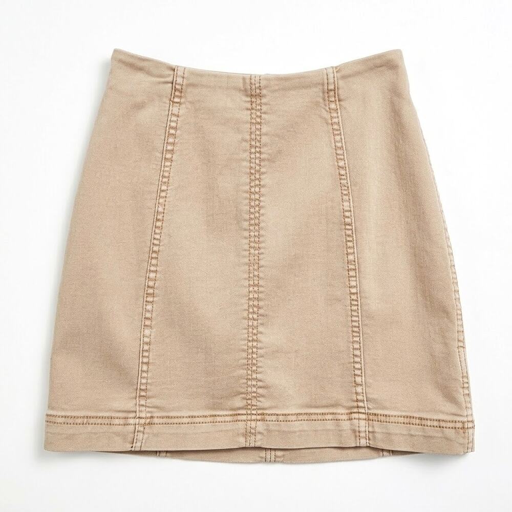 Free People Modern Femme Seamed Panel Mini Skirt Beige Stretch Denim Womens 0
